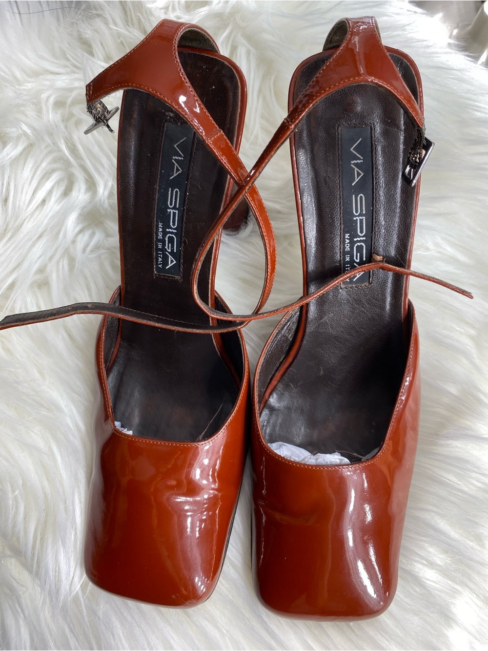 ‼️Made in Italy Via Spiga Rust Patent Square-Toe Ankle-Strap Heels